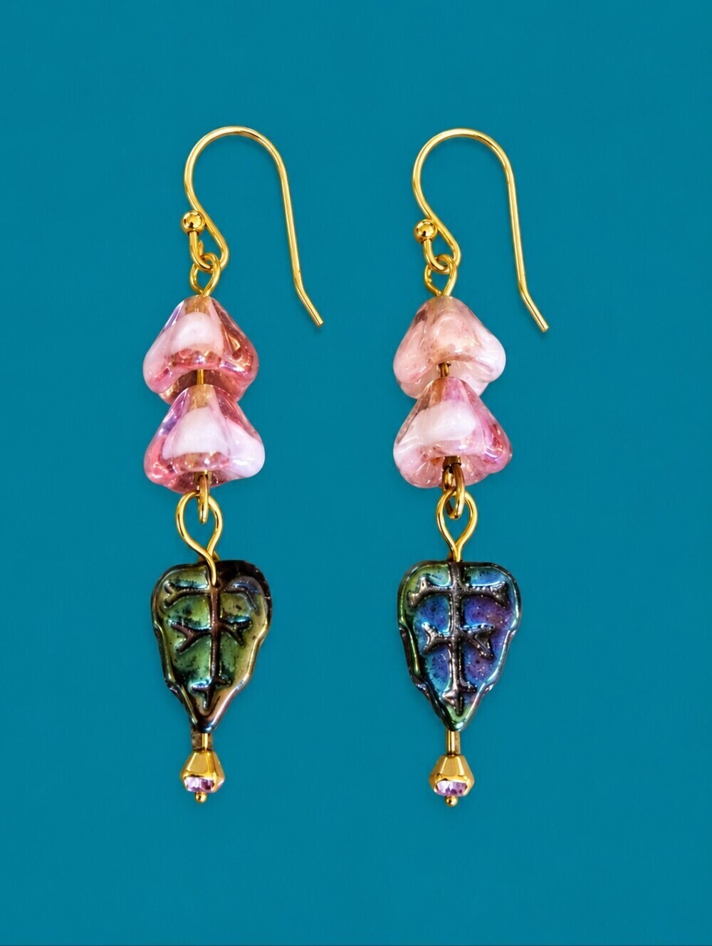 HANDMADE Dainty Barbie Czech Glass Tulip Leaf Dangle Hook Earrings